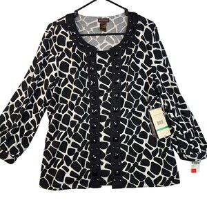 Multiples Large Giraffe Print Beaded Cardigan Black White Long Sleeve Deadstock